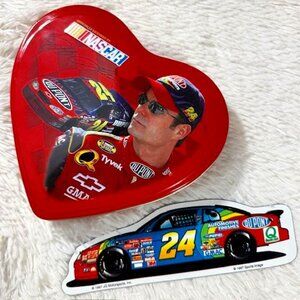 Vintage Jeff Gordon Nascar Heart -Shaped Tin + Dupont 24 Racing Car Magnet Set